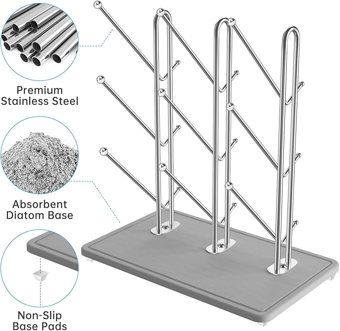 NiHome Baby Bottle Drying Rack with Diatomite Base & Stainless Steel Frame, Foldable Countertop Organizer Holds 9 Bottles, Space-Saving Stand for Water Bottles, Lids, Reusable Bags & More
