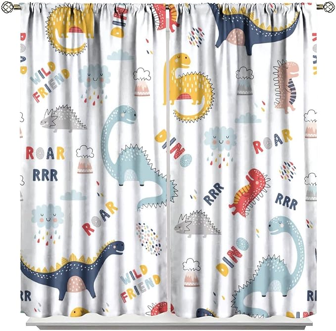 Cartoon Dinosaur Curtains for Kids Boys Girls Home Decor Colorful Cute Dino Animals Print Pattern Rod Pocket Blackout Window Drapes for Nursery Baby Bedroom Playroom W21xL45in Decor