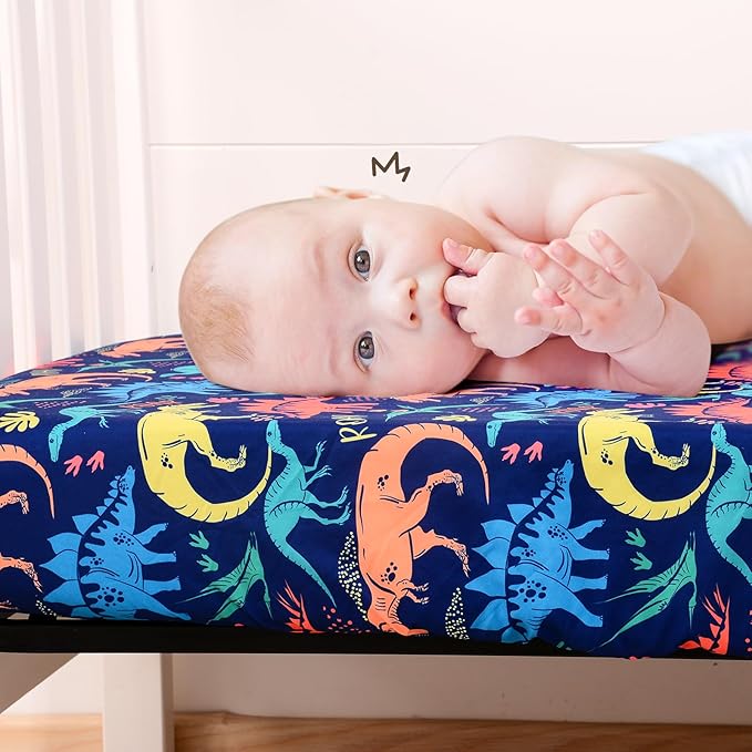 Cloele Crib Bedding Set for Boys,3 Piece Dinosaur Crib Bedding Set,Include Soft Baby Comforter,Breathable Fitted Sheet & Pillowcase,Navy Blue Nursery Baby Bedding for Boys