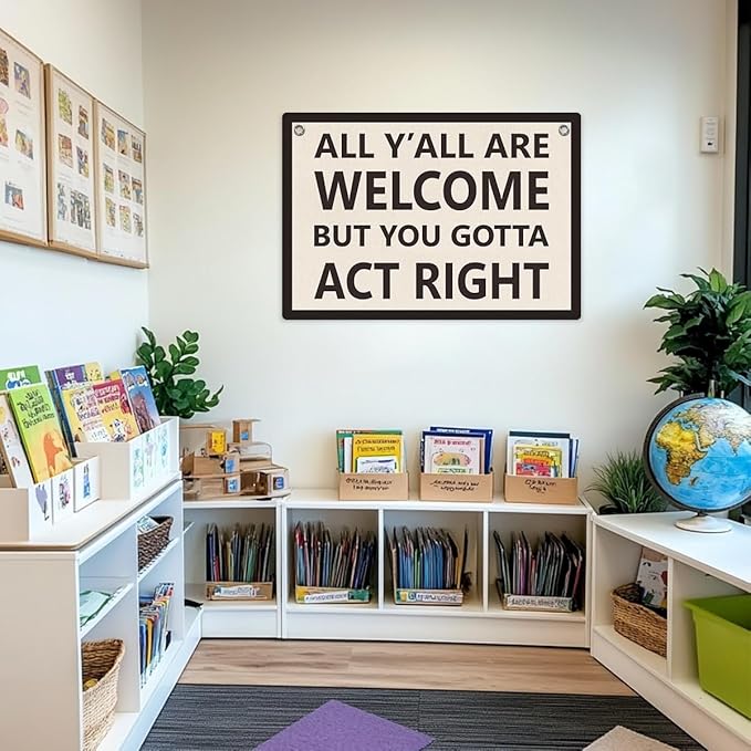 Welcome Sign Funny Welcome Banner, Trendy Retro Wall Hanging, Wall Decor, Banner Flag, Wall Flag Classroom Playroom Home Entryway Living Room Office Decor, Banner for Room, Black and White
