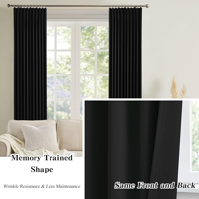 KEQIAOSUOCAI 72 Inch Wide Black Pinch Pleated Curtains 72 x 63, Thermal Insulated Noise Cancelling Living Room Office Drapes 63 Inches Long, Patio Sliding Glass Door Window Curtain 2 Panels