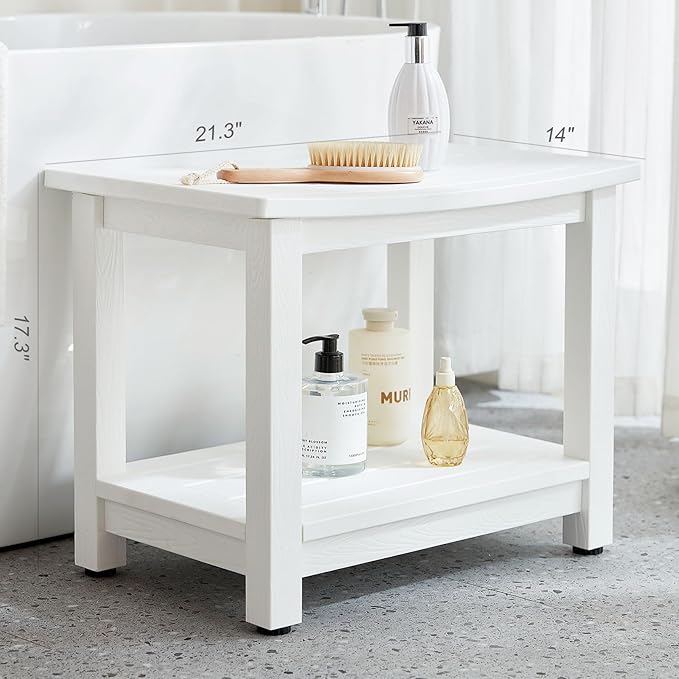 Heavy Duty Shower Bench for Inside Shower, White Poly Bathroom Stool for Shaving Legs or Spa Bath Seat, Waterproof Plastic Bathroom Chair Seat with Adjustable Feet, Non-Slip