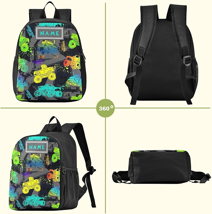 Toddler Backpack Colorful Monster Truck Waterproof Mini Backpack with Name/Text Preschool Backpack Cute Small Backpack Kindergarten Pre School Bags 11 Inch, Pattern 1