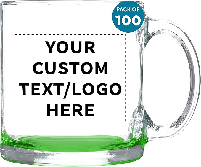 Custom Libbey Clear Glass Coffee Mugs 13 oz. Set of 100, Personalized Bulk Pack - Perfect for Coffee, Tea, Espresso, Hot Cocoa, Other Beverages - Green Bottom