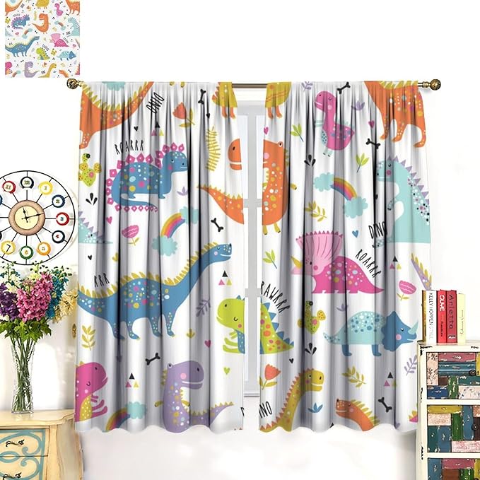 Cartoon Dinosaur Curtains for Kids Boys Girls Home Decor Childish Cute Dino Animals Print Pattern Rod Pocket Blackout Window Drapes for Nursery Baby Bedroom Playroom W21xL63in 2 Panels
