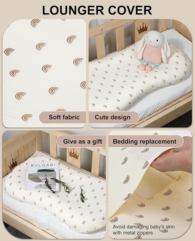 Muslin Baby Lounger Cover for Snuggle Me Organic Lounger/Baby Lounger/Organic Cotton Handmade Cover for Infant/Toddler Lounger (Yellow Rainbow, Beige)