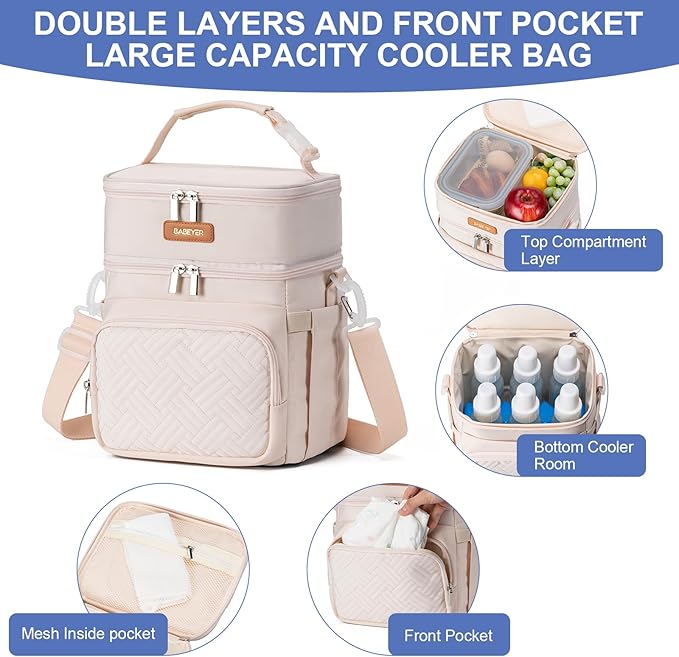 Insulated Breastmilk Cooler Bag with Ice Pack - Holds 6x9oz Bottles, Leakproof Double Layer, Adjustable Strap for Nursing Moms, Daycare & Travel,Pearl White