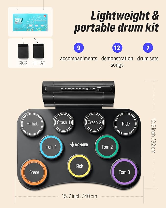 Donner Electric Drum Pad, 9 Pads Electronic Drum Set Roll Up Quiet Drum Pad Built-in Speaker, 40 Drum Lessons Included, Kids Holiday & Birthday Instrument Toys DED-20(SE)