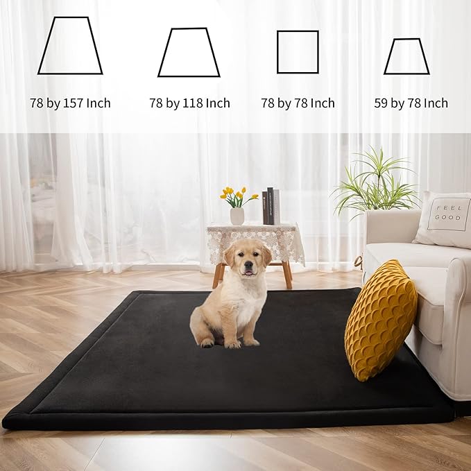 MAXYOYO Black Coral Velvet Area Rug, Thick Japanese Tatami Mat Living Room Carpet with Non-Slip Backing, Large Solid Color Mat for Bedroom Dormitory Yoga, 78 by 78 inch