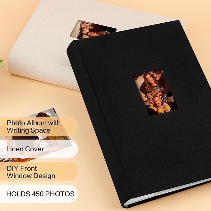 Photo Album 4x6 450 Photos with Writing Space,4 x 6 Photo Book Linen Cover with Front Window, 4x6 Picture Album, 450 Photos Photo Album Book for Wedding Kids Travel Family Baby Pictures (Black)