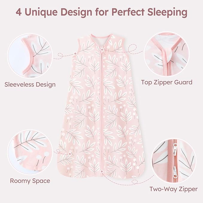 Baby Sleep Sack 0-6 Months 3 Pack 100% Cotton Lightweight 0.5 TOG Wearable Blanket Baby Sleep Bag with 2-Way Zipper for Newborn Infant Pink Flowers & Leaf