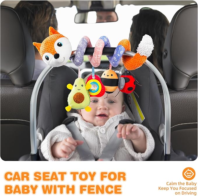 Jollybaby Baby Car Seat Stroller Toys, Plush Activity Hanging Spiral Activity Pram Crib with Music Box, Rattles, Squeaker for Babies Infant Boys Girls(Orange Fox)