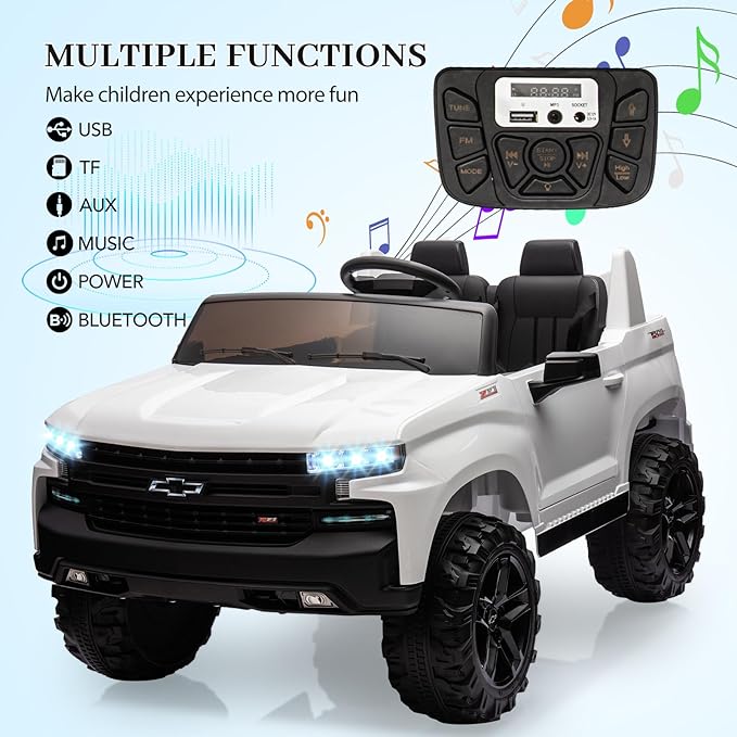 Hetoy 24V 2-Seater Truck Licensed Chevrolet Silverado Ride On Car Toy w/Parent Remote Control,4xSpring Suspension, 3 Speeds, Wireless Music, MP3 Player, Electric Vehicle Car for Kids, White