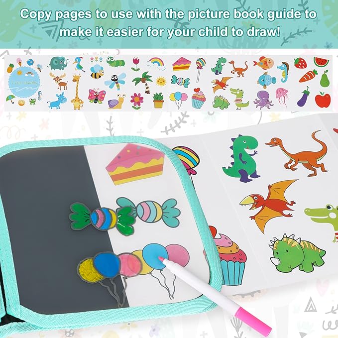 Erasable Book Doodle Set for Kids,Magic Drawing Book for Kids,Reusable Drawing Book 12 Watercolor Pens 14 Page Drawing,Road Trip Car Game Writing Painting Set for Boys and Girls (Forest Party)