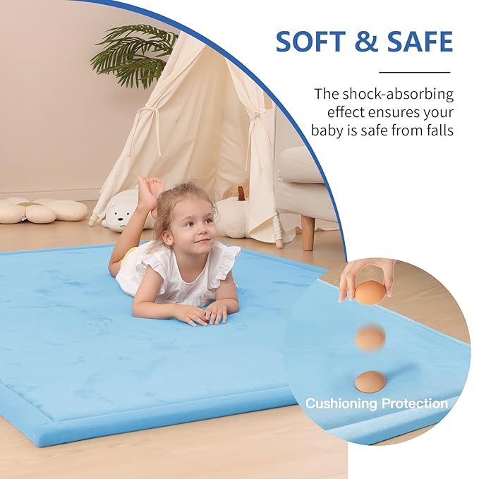 Baby Play Mat for Floor,1.3" Thick Memory foam Tummy Time Mat,Soft Coral Velvet Nursery Rug for Toddlers,Infants,kids,Extra Large Non Slip for Crawling,Tatami Style(Light Blue)