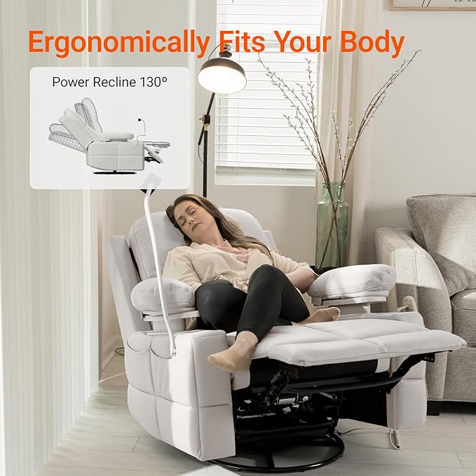 Rocking Chair Nursery with Adjustable Armrests, Electric Glider Recliner Nursing Chair for Breastfeeding, Power Swivel Recliner Chairs with USB Port and Storage, FSC Certified (Vanilla)