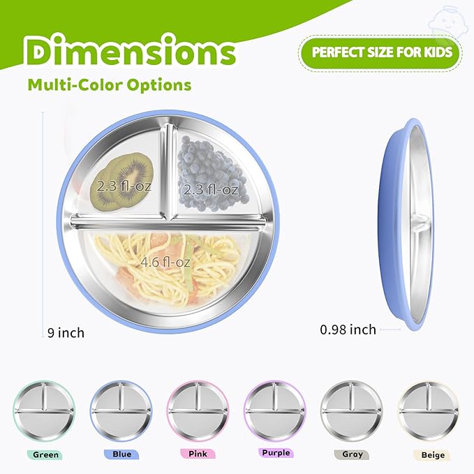 3-Pack Stainless Steel Baby Plates with Suction, BPA-Free Stainless Steel Kids Plates, 9” Divided Toddler Plate for Dishwasher Safe, Non-Slip Silicone Base, Detachable (Blue, Green, Purple)