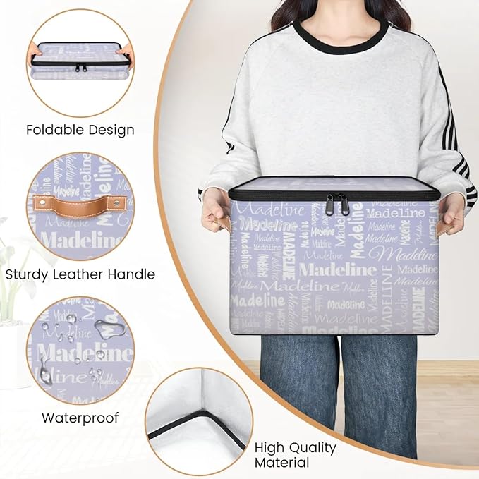 Custom Storage Basket with Name, Personalized Storage Bins with Zipper Lid, Foldable Fabric Storage Box Large capacity with Handle Purple White