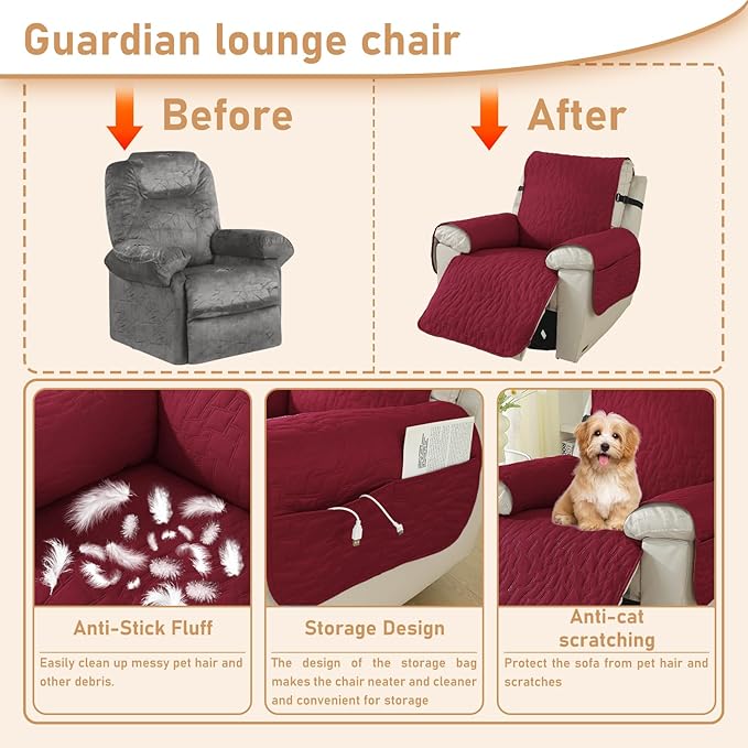 100% Waterproof Recliner Chair Covers for Reclining Chair, Small Recliner Covers That Stay in Place, Non-Slip Recliner Armchair Cover with Pockets for Kids, Pets, Dogs, Cat, Washable,Red,23IN