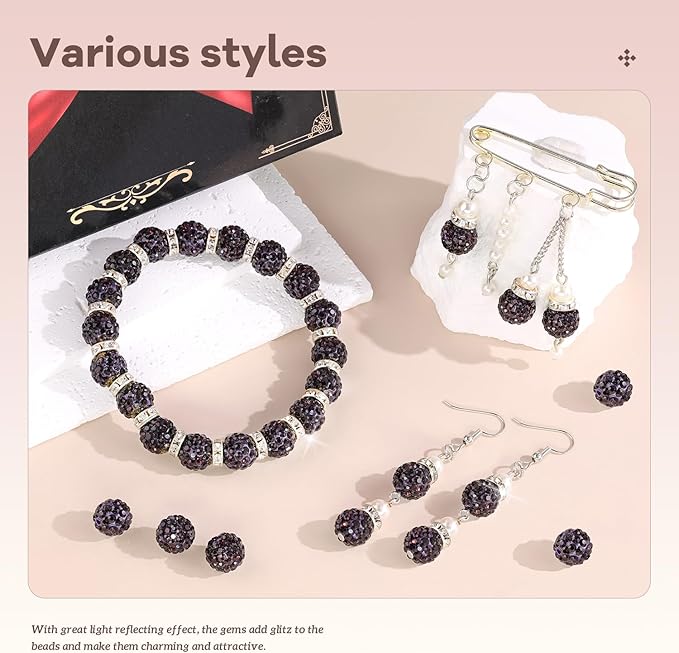 200pcs 10mm Rhinestone Beads for Jewelry Making, Dark Purple Shiny Round Disco Ball Beads Bulk, Sparkle Crystal Clay Christmas for Bracelet Baseball Necklace Earring Crafting and DIY