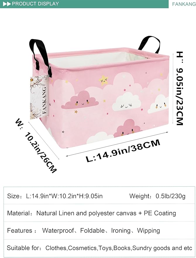 FANKANG Storage Bins, Nursery Hamper Canvas Laundry Basket Foldable with Waterproof PE Coating Large Storage Baskets for Kids Boys and Girls, Office, Bedroom, Clothes,Toys(Rec-pink cloud ）