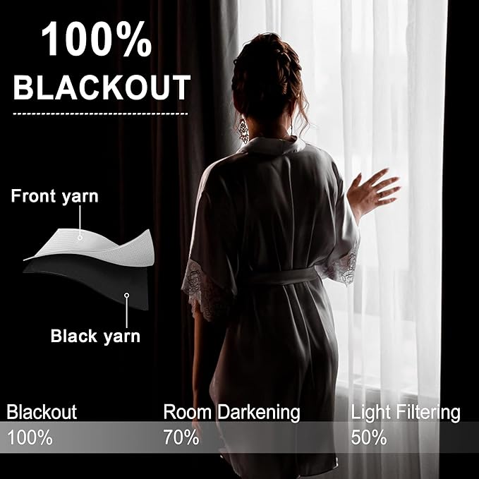 XWZO 100% Blackout Window Curtains - Thermal Insulated & Noise Reduction Black Liner Rod Pocket Window Treatment Sewn with Tiebacks for Bedroom/Living Room, Black, W42 x L63, Set of 2