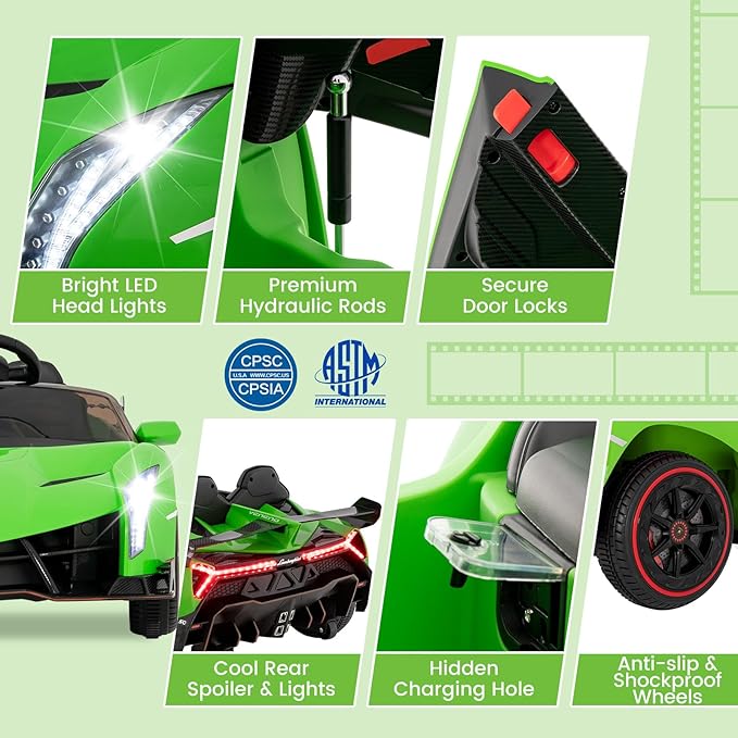 Costzon Ride on Car, Lamborghini Licensed 12V Battery Powered 4WD Sports Car with Remote Control, 3 Speeds, Hydraulic Doors, LED Lights, Towing Wheel, Horn, Music, Electric Vehicle for Kids Aged 3-8