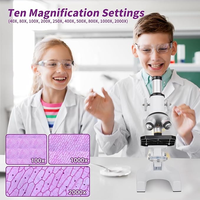 Microscope for Kids Beginner, 40X-2000X Biological Compound Microscope Kit with Adjustable Brightness LED, Slides for School Lab Home Education, Gifts for Children Students Ages 6+