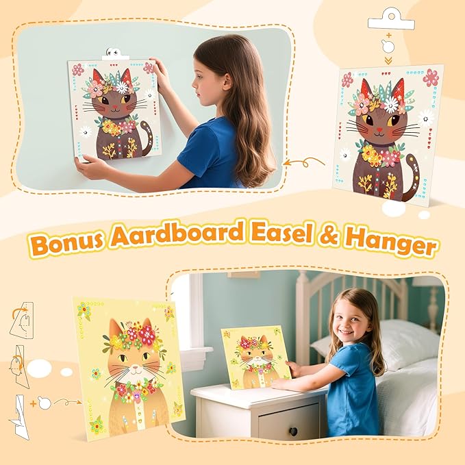 Gem Art Sticker Kit, Arts and Crafts for Kids Age 4-12, 8 Unicorn Princess Themes Diamond Art Kit, Gemstone Sticker Crafts Christmas Birthday Gifts for Girls Ages 4,5,6,7,8 Year Old (Yellow-Cat)