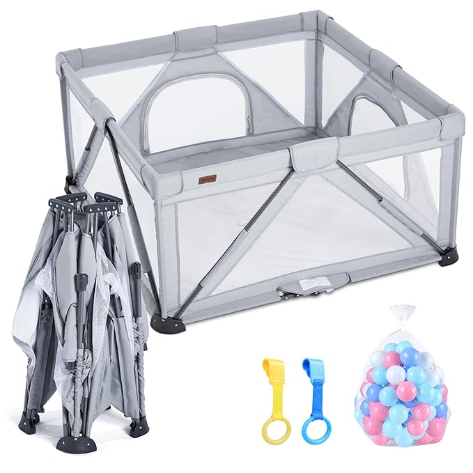Baby Playpen Foldable, Playard for Babies and Toddlers, Portable Playpen Activity Center with 50 Balls+2 Handles for Travel, Indoor & Outdoor Play Pen with Mesh 59''x71''