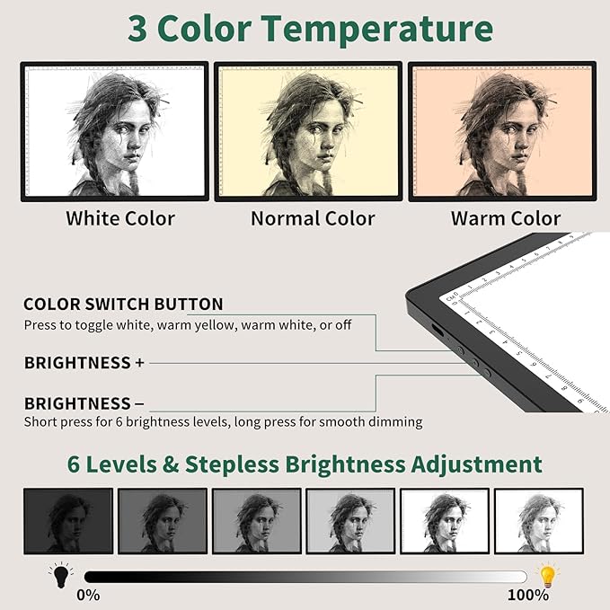 HIUKCOLED A3 Built-in Tilt Stand Light Tracing Box with Carry Bag, 3 Colors/Stepless Dimmable/6-level Brightness Adjustable, Battery Powered LED Light Board for Drawing,Diamond Painting,Sketching