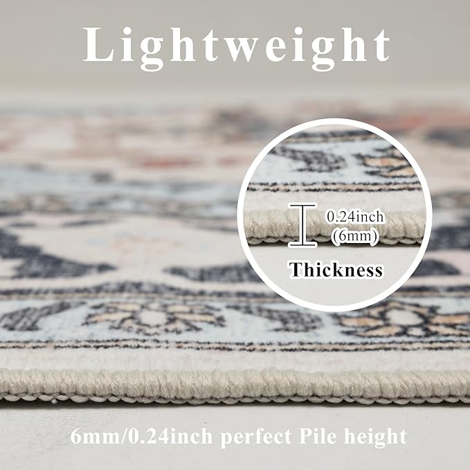 9x12 Area Rug Living Room Rugs, Stain Resistant Washable Rug, Vintage Large Non-Slip Backing, Low Pile Lightweight Print Rug for Bedroom Dinning Room Home Office (Blue/Gray)