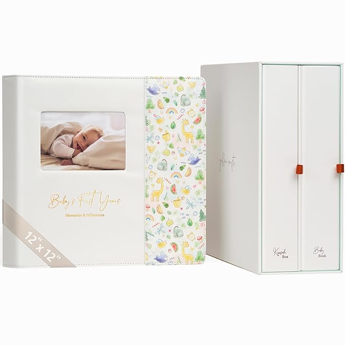 Keepsake Baby Memory Book with Keepsake Box Girl Boy - Timeless Leather-Bound Baby Milestone Book | Baby Book Keepsake and Baby Photo Memory Box to Record Baby Shower to Age 5 - Beautiful Gift