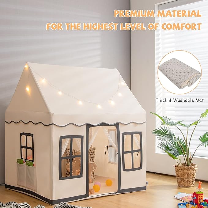 INFANS Kids Play Tent with Washable Mat Star Light Windows, Anti-Trip Large Playhouse Toys for Children Boys Girls, Indoor Outdoor Princess Tents Castle for Toddlers (Black)