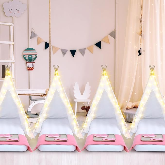 Windyun 8 Pack Kids Teepee Tent for Slumber Party with Mattress,Light String,Airbed Fitted Sheet,Sleepover Tent for Girls Boys Party,Kids Play Playhouse Indoor Outdoor(White)