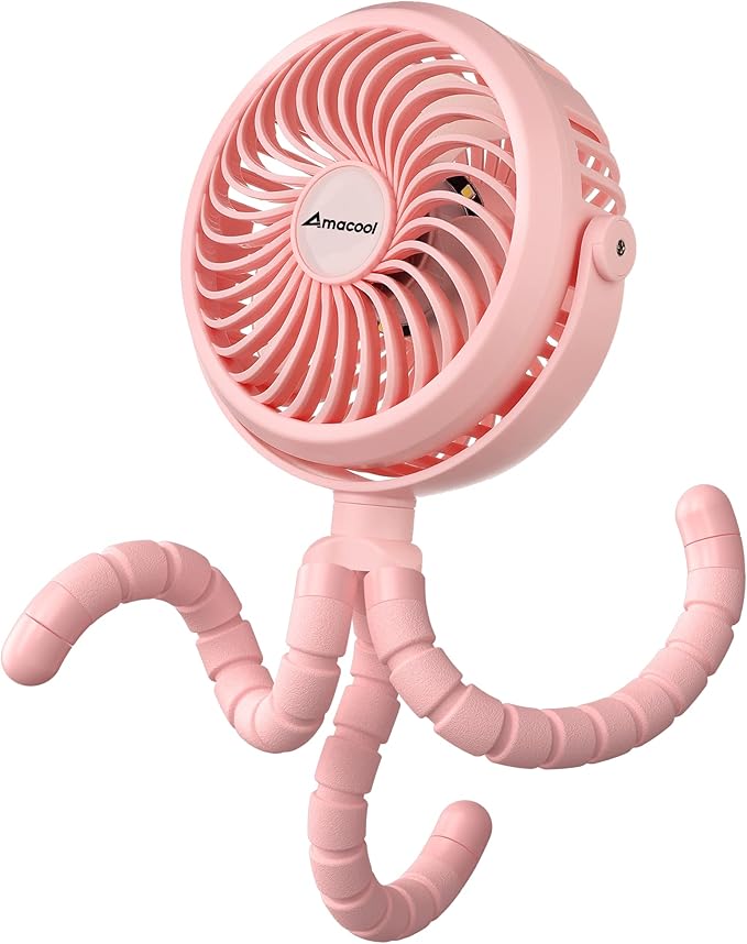AMACOOL Battery Operated Stroller Fan Flexible Tripod Clip On Fan with 3 Speeds and Rotatable Handheld Personal Fans for Car Seat Crib Bike Treadmill (Pink)