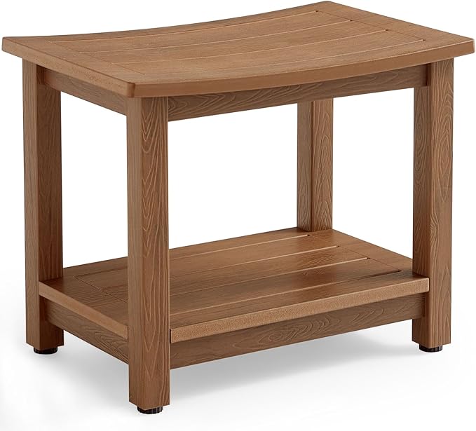 HDPS Shower Bench Seat, Poly Lumber Bathroom Stool for Inside Shower Waterproof, Foot Rest Stool for Shaving Legs with Adjustable Feet, Plastic Spa Bath Chair Seat for Bathroom, Non-Slip, Brown