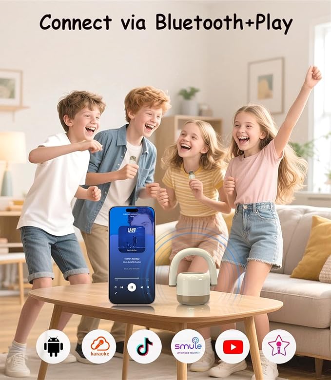 EWA Portable Mini Metal Karaoke Machine, Bluetooth Karaoke Speaker with 2 Wireless Microphones, Ideal Gifts for Girls Boys Family Home Party Birthday Christmas Toys Gifts-(Beige)