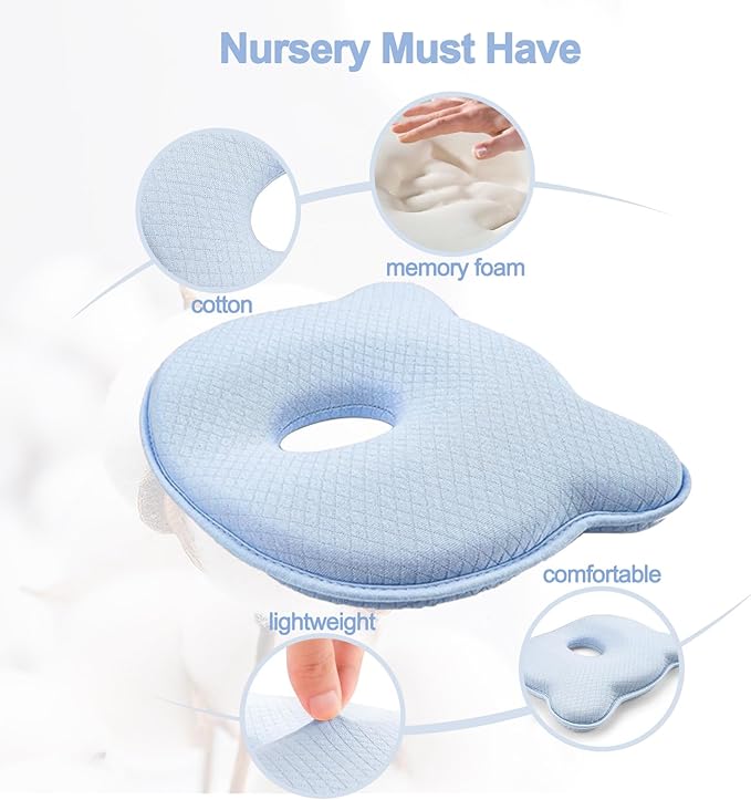 Memory Foam Baby Pillow, Portable Cartoon Bear Soft and Cozy Pillow, Breathable Bedding Set for Infants for Small Boys and Girls(Blue)
