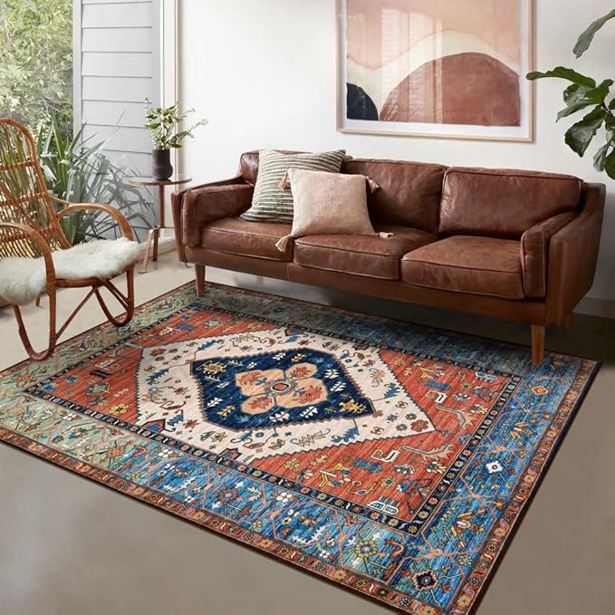 Lahome Boho Machine Washable Rugs - 5x7 Area Rugs for Living Room Non-Slip Oriental Throw Bedroom Rug Ultra-Thin Large Office Dining Room Rug Accent Floor Carpet for Kitchen Laundry Room