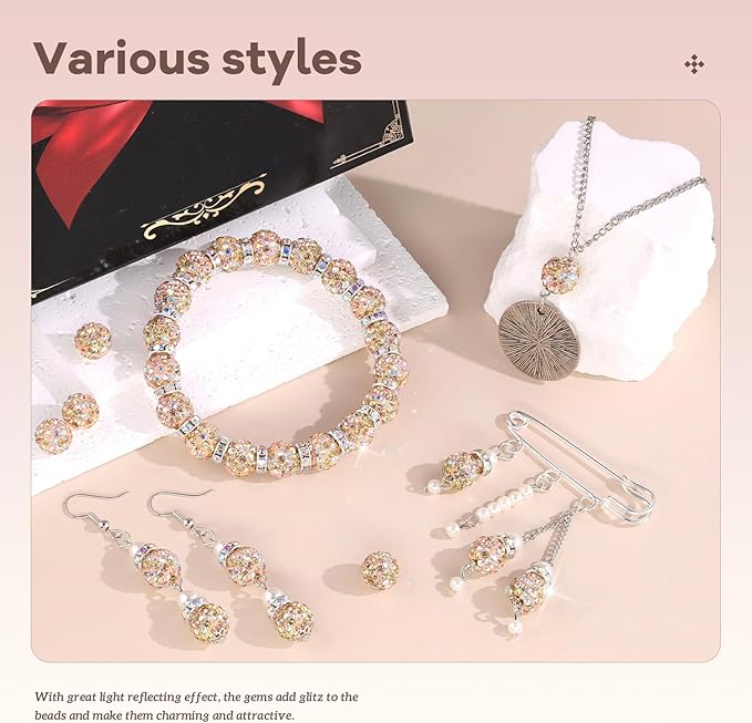 105pcs 10mm Rhinestone Beads for Jewelry Making, Light Peach AB Shiny Round Disco Beads Bulk, Sparkle Crystal Clay Christmas for Bracelet Baseball Necklace Earring Crafting and DIY