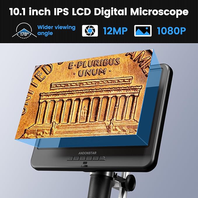 Andonstar AD210 10.1 Inch LCD Digital Microscope for Adults, Soldering Microscope for Electronics Repair, Coin Microscope Camera Full View for Error Coins with Light, Biological Slides Kit, 32G Card