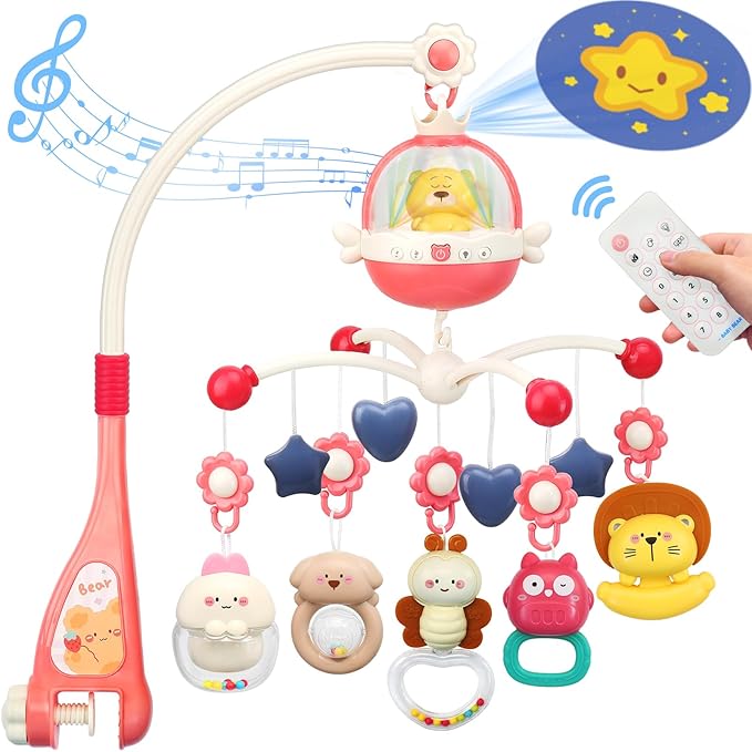 Baby Crib Mobile with Night Lights and Music,Hanging Mobile for Crib Bassinet with Rotation, Projection,Remote Control,Babies Crib Toys for Nursery Newborn Infant Boys Girls (Pink)