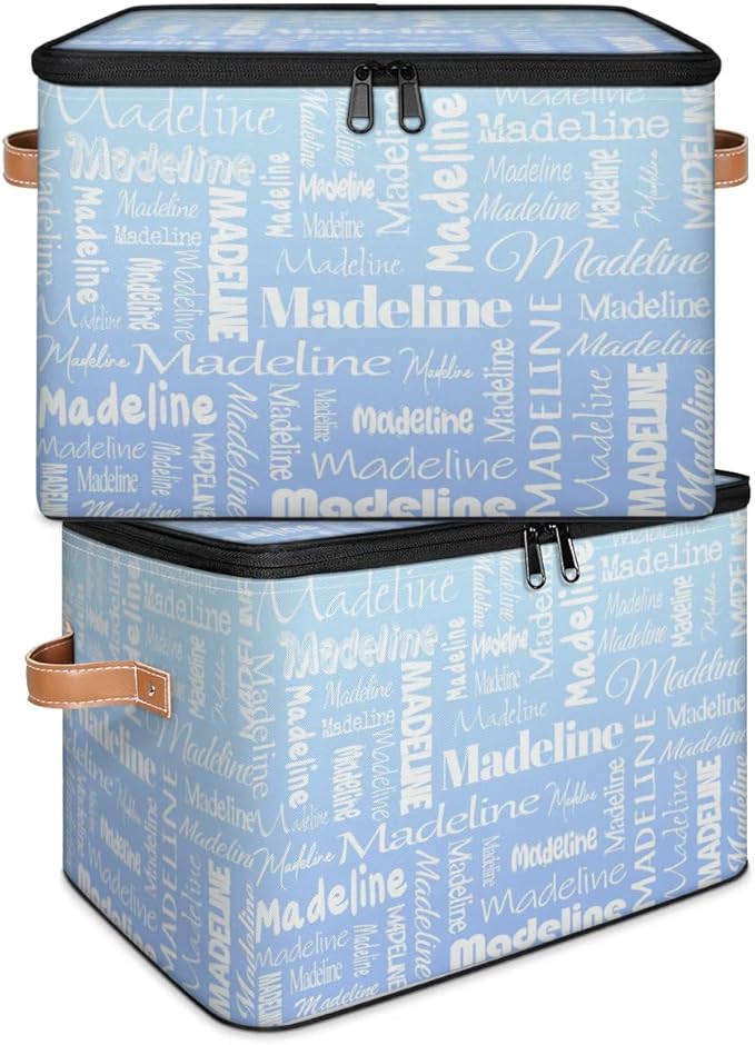 Custom Storage Basket with Name, Personalized Storage Bins with Zipper Lid, Foldable Fabric Storage Box Large capacity with Handle White Blue