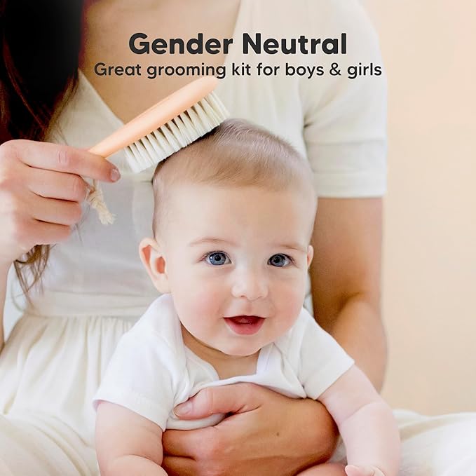 Baby Hair Brush and Comb Set for Newborn - Wooden Baby Hair Brush Set with Soft Goat Bristle, Baby Brush Set for Newborns, Baby Brush and Comb Set Girl, Boy, Toddler Cradle Cap Brush (Oval, Peach)