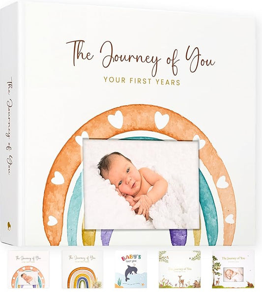 Baby Album Memory Book for Girl or Boy - First 5 Years Unisex Bohemian Rainbow Keepsake Journal to Log Newborn Milestone - Photo Album Scrapbook for Baby Shower - Unique New Parents Gifts for Couples