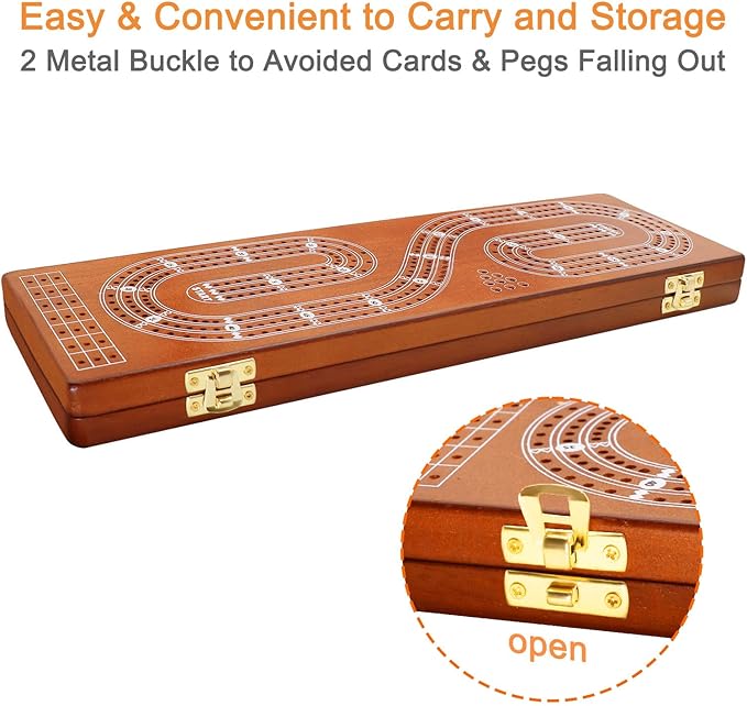 Cribbage Board Game Set 3 Tracks, Plusvivo Solid Oak Wood Cribbage Boards Unique with 9 Metal Pegs & 2 Storage Area, 15.5 X 4.9 X 1.2 in Travel Portable Cribbage Game Sets for Family