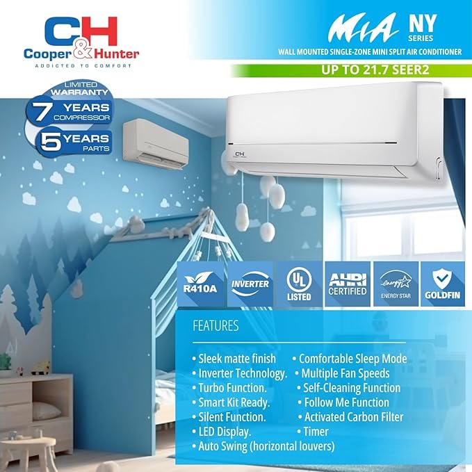 Cooper & Hunter 6,000 BTU 115V Single Zone Wall Mount Ductless Mini Split Air Conditioner & Heat Pump – 21.5 SEER2 – 16FT Installation Kit – R-410A Refrigerant Pre-Charged – Inverter
