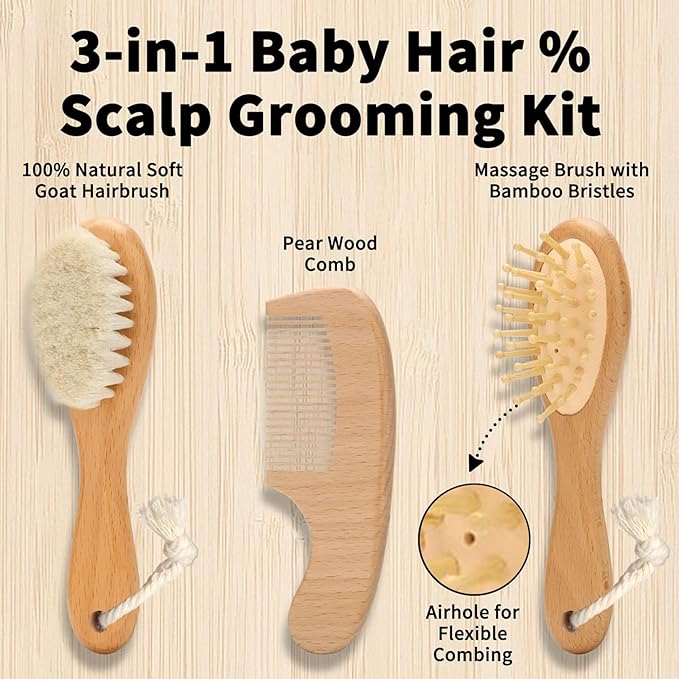 Goat Baby Hair Brush Set, Wooden Comb Massage Scalp Comb, Safe Natural Hair Care Kit, Soft Silicone Bath Brush for Newborns Toddlers (Brush Set+ Green Massager)