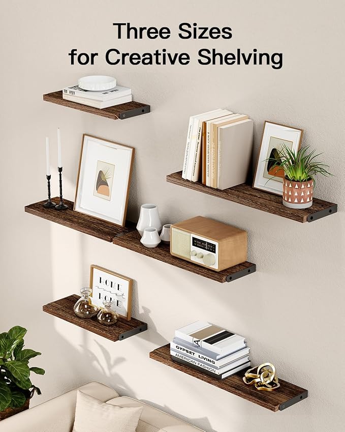 AMADA HOMEFURNISHING Wall Shelves Set of 6, Rustic Farmhouse Floating Shelves for Bedroom, Bathroom & Living Room, Brown Wood